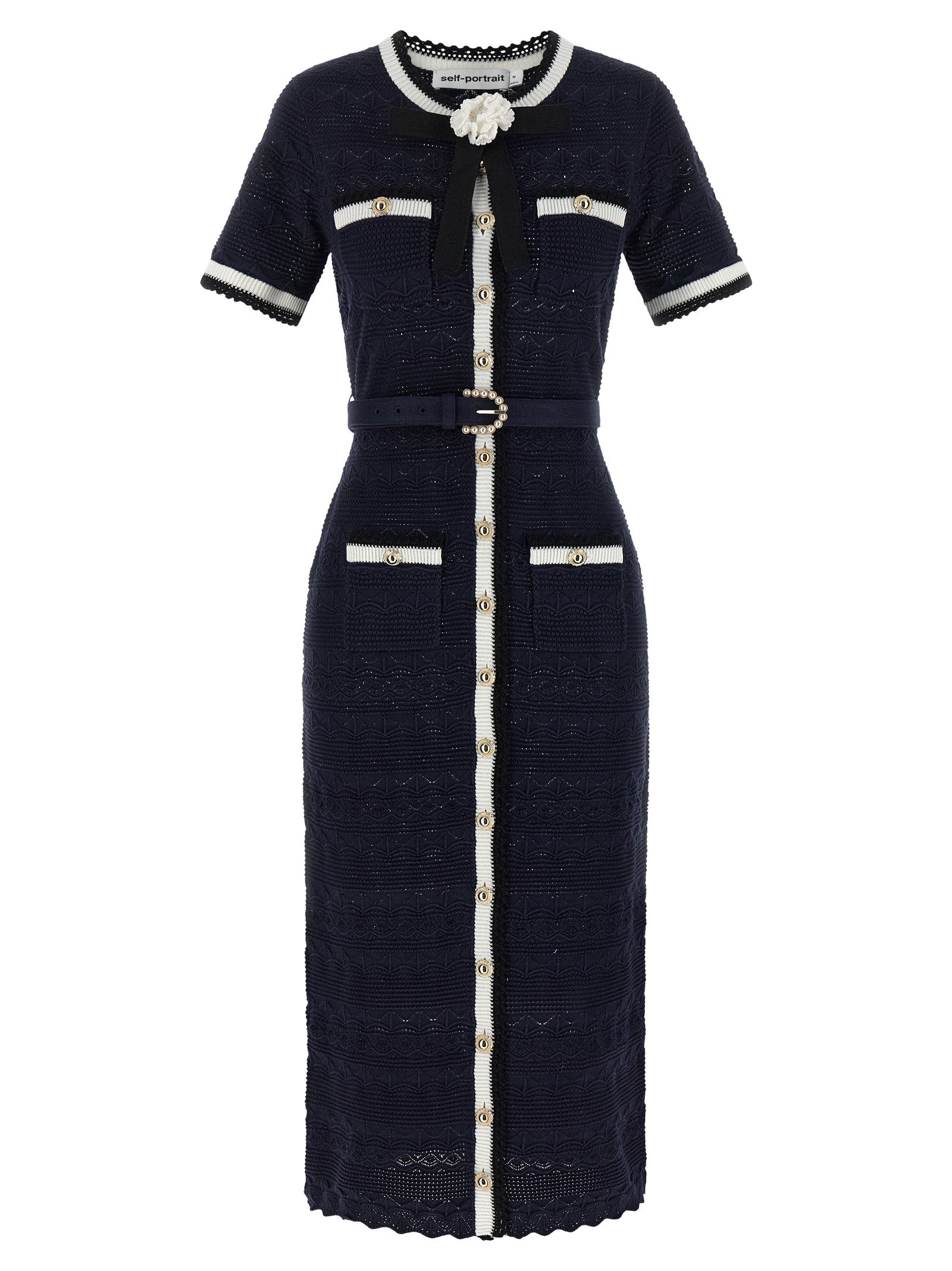 Self-Portrait Navy Pointelle Knit Midi Dress