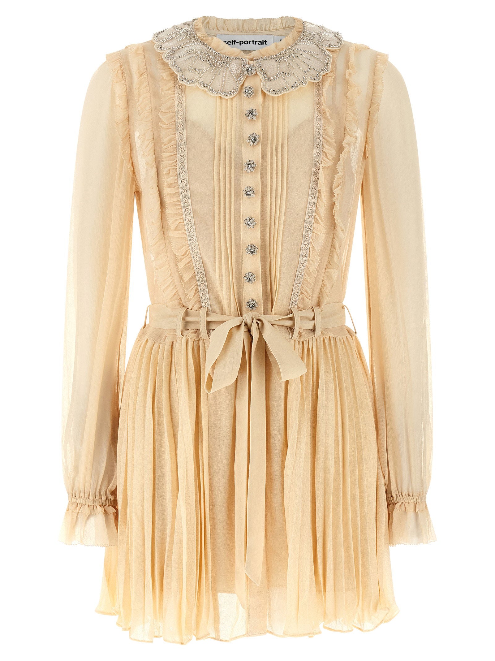 Self-Portrait Tan Pleated Georgette Mini Dress