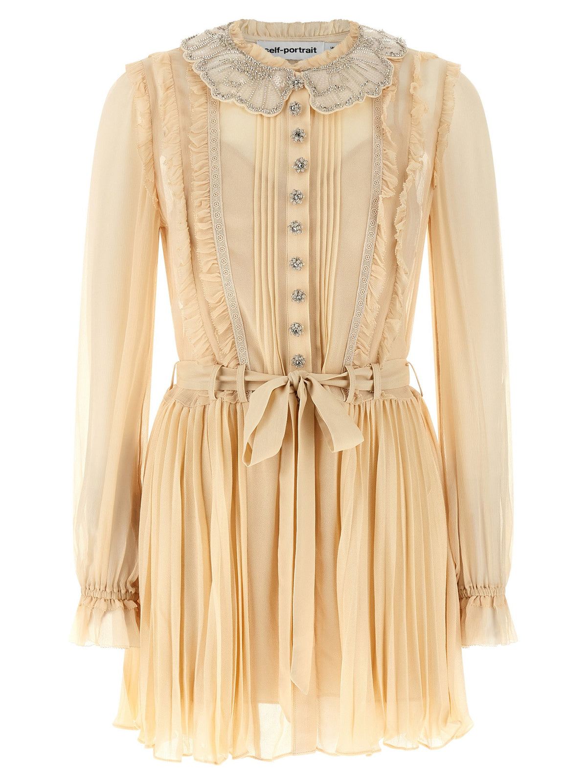 Self-Portrait Tan Pleated Georgette Mini Dress