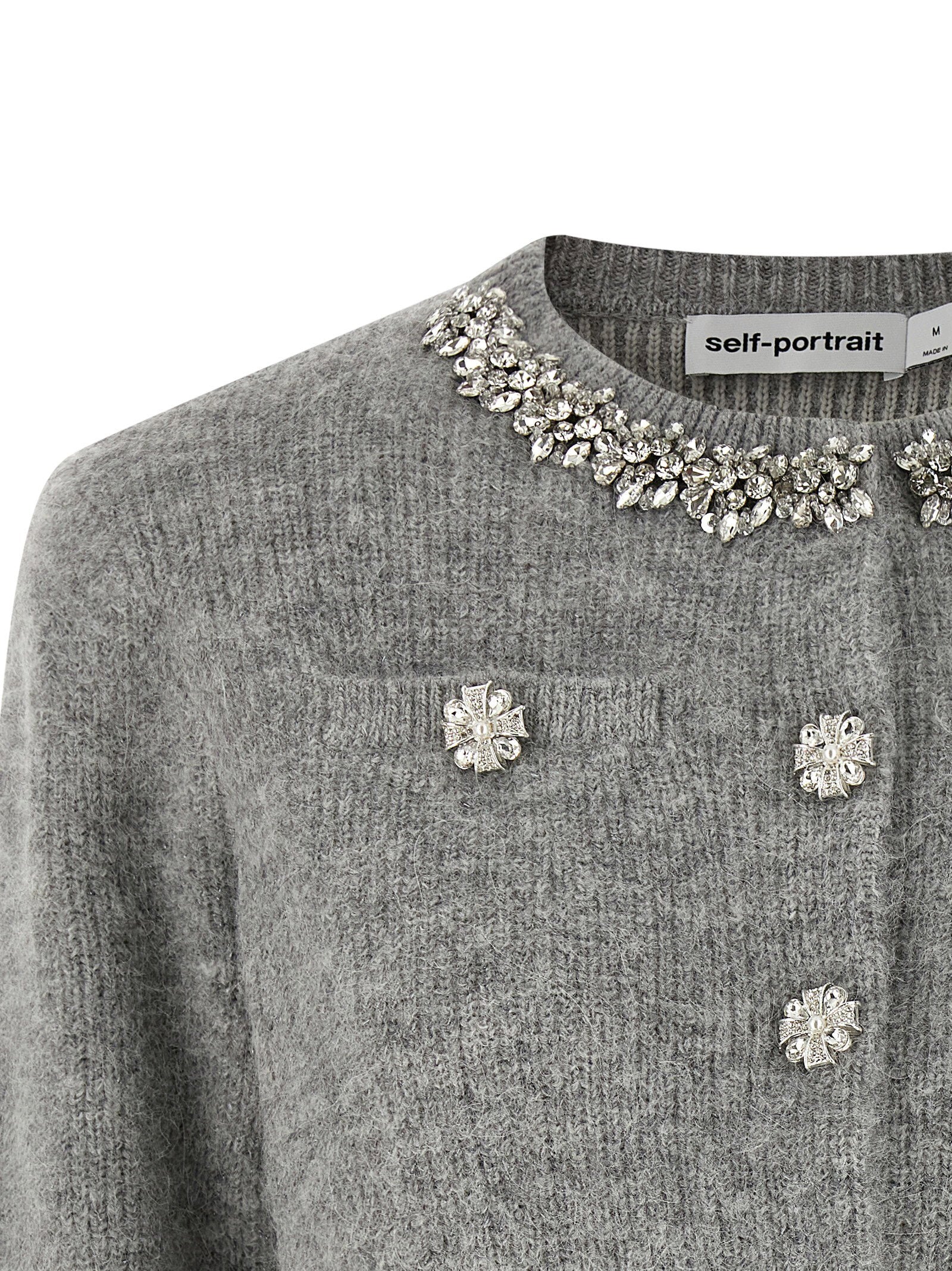 Self-Portrait Grey Fluffy Crystal Trim Cardigan