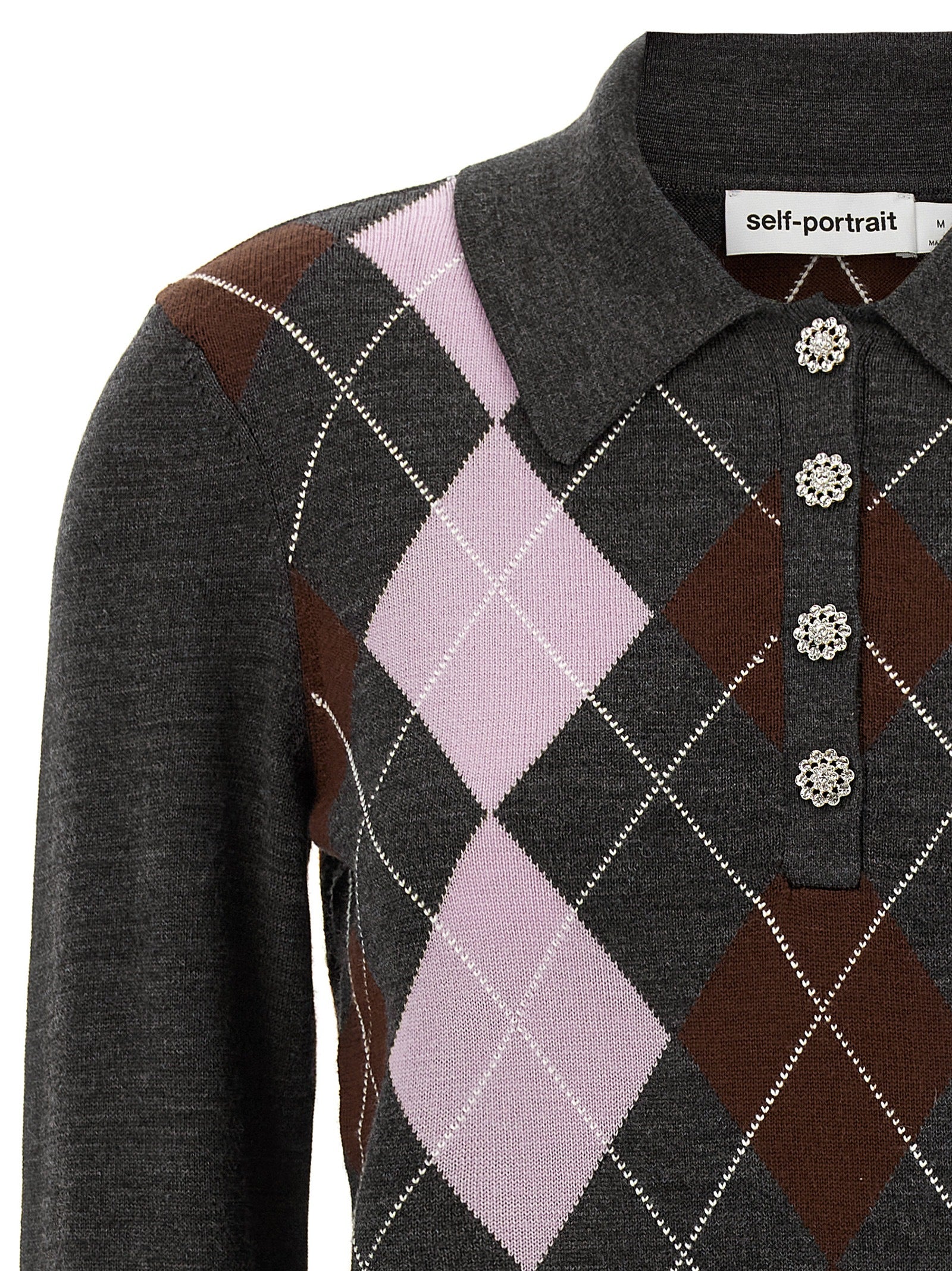 Self-Portrait Grey Argyle Lightweight Sweater