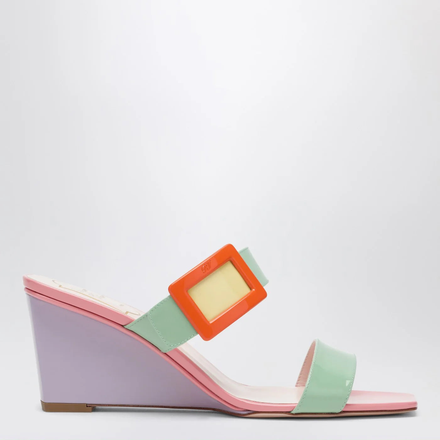 ROGER VIVIER Belle Vivier wedge mules in green/purple patent leather