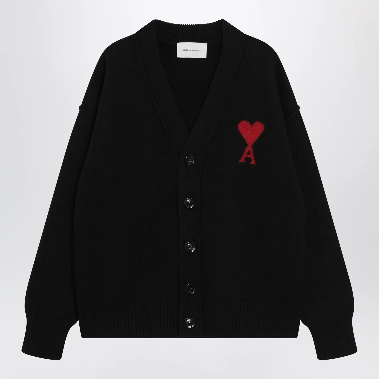 Ami Paris Ami De Coeur cardigan in black merino wool knit
