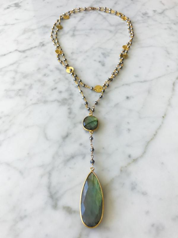 Double Diana Denmark Necklace in Polished Pyrite with Labradorite Drop