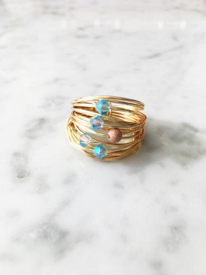 Marcia Wire Wrap Ring with Aquamarine Swarovski Crystals