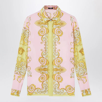 Versace Printed silk twill shirt in yellow/pink