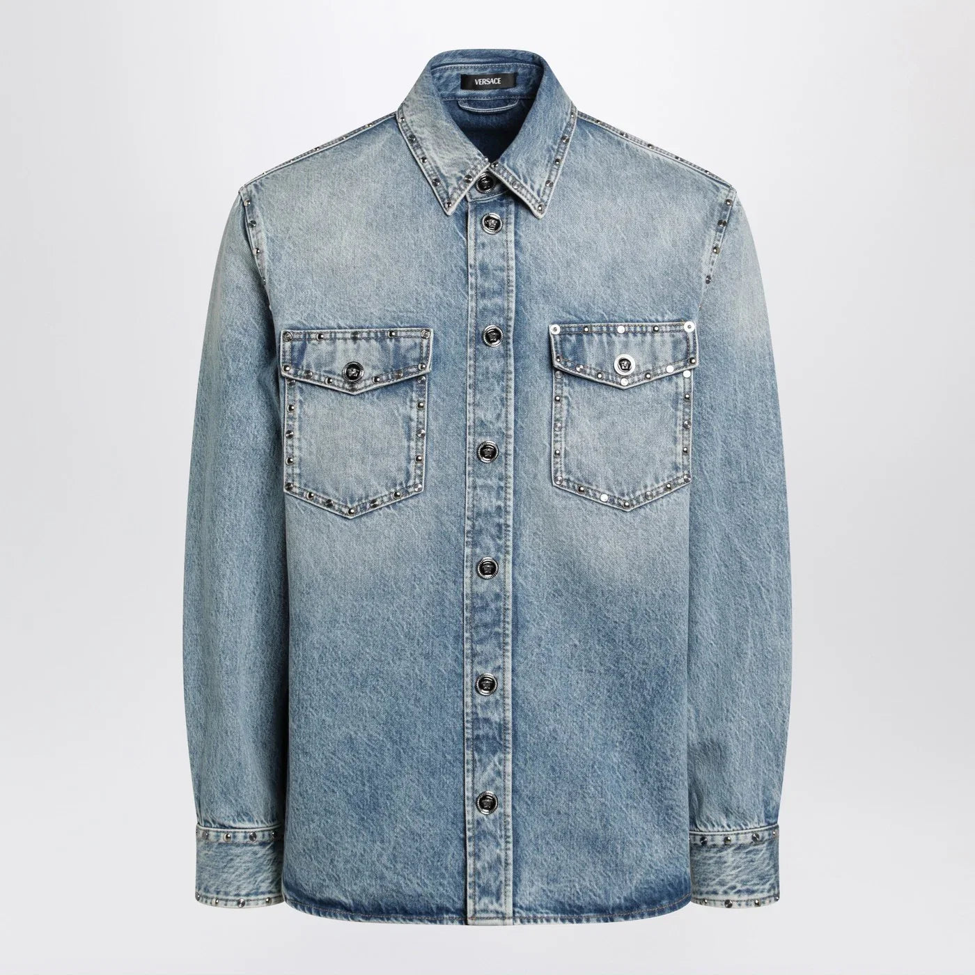 Versace Light blue stone-washed denim shirt with studs