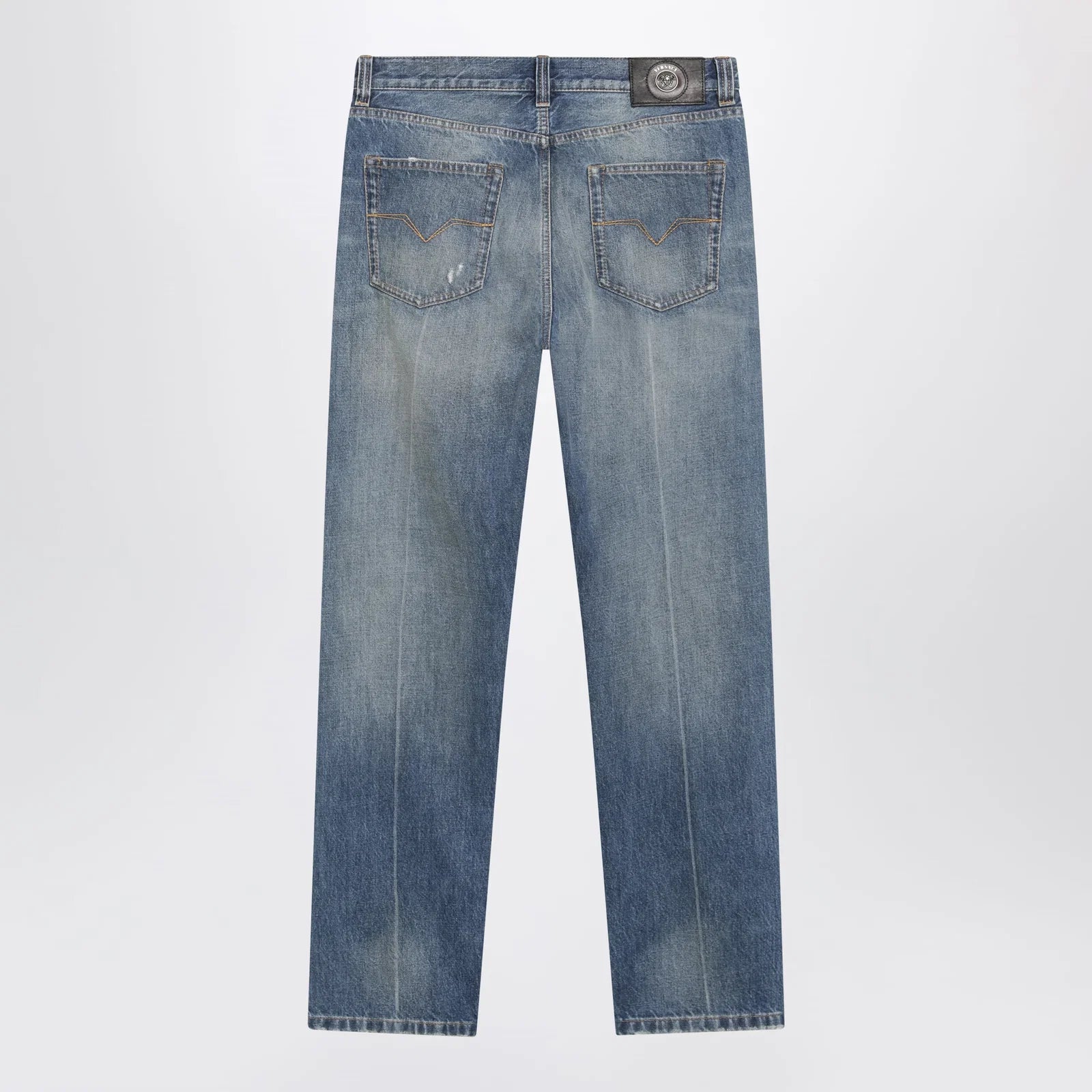 Versace Distressed Straight-Leg Jeans in Blue Denim