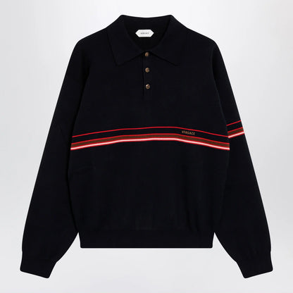 Versace Navy blue cotton knit polo shirt with embroidered logo