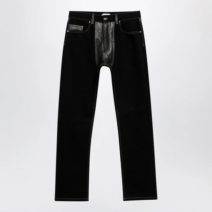 Versace Straight-leg denim and leather jeans in black