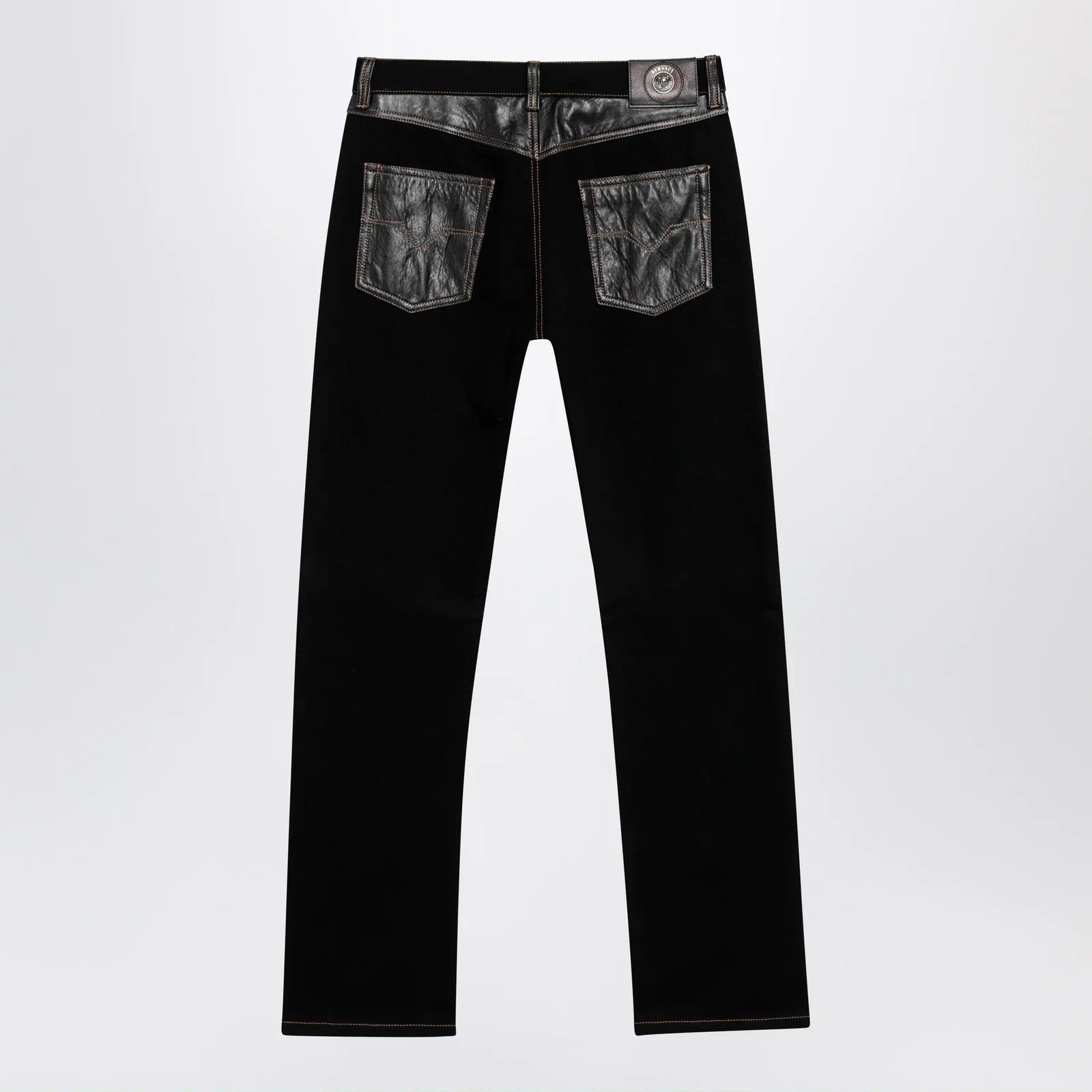 Versace Straight-leg denim and leather jeans in black