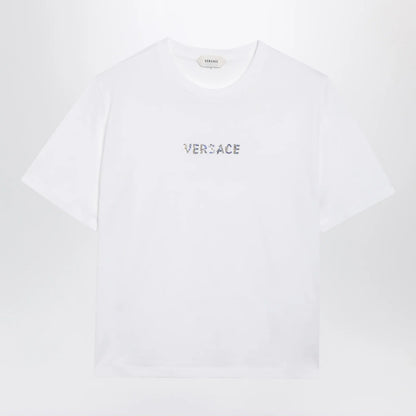 Versace Slim cotton jersey T-shirt with embroidered logo, white