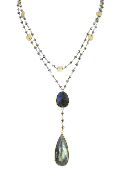 Double Diana Denmark Necklace in Polished Pyrite with Labradorite Drop