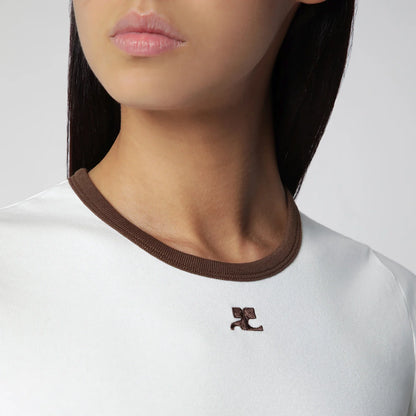 Courreges Courrèges White/Brown cotton T-shirt with contrast crew neck