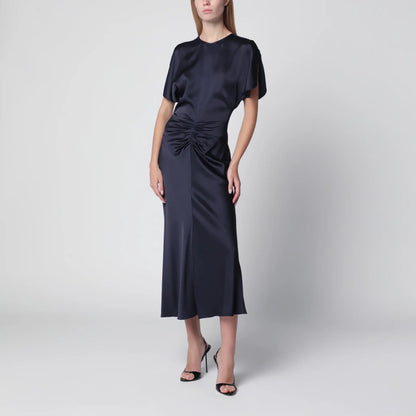 Victoria Beckham Bela Midi Dress in Midnight Satin Crêpe