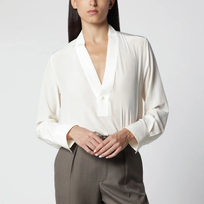 Victoria Beckham Ivory Silk V-Neck Blouse