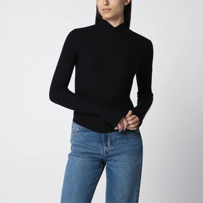 Victoria Beckham Georgia Ribbed Sweater in Black Merino Wool