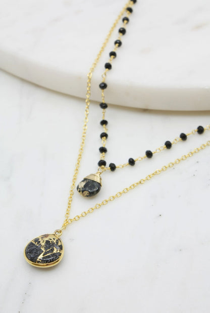 Double Jill Necklace with Gold Black Onyx Chain and Black Mojave Copper Turquoise Pendant