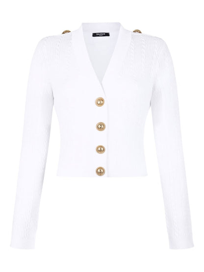 Balmain Button-Trim Cable-Knit Cardigan