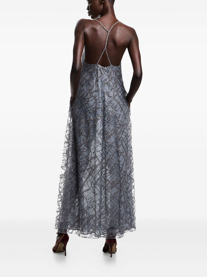 Emporio Armani Long tulle dress with all-over micro sequin and jet embroidery