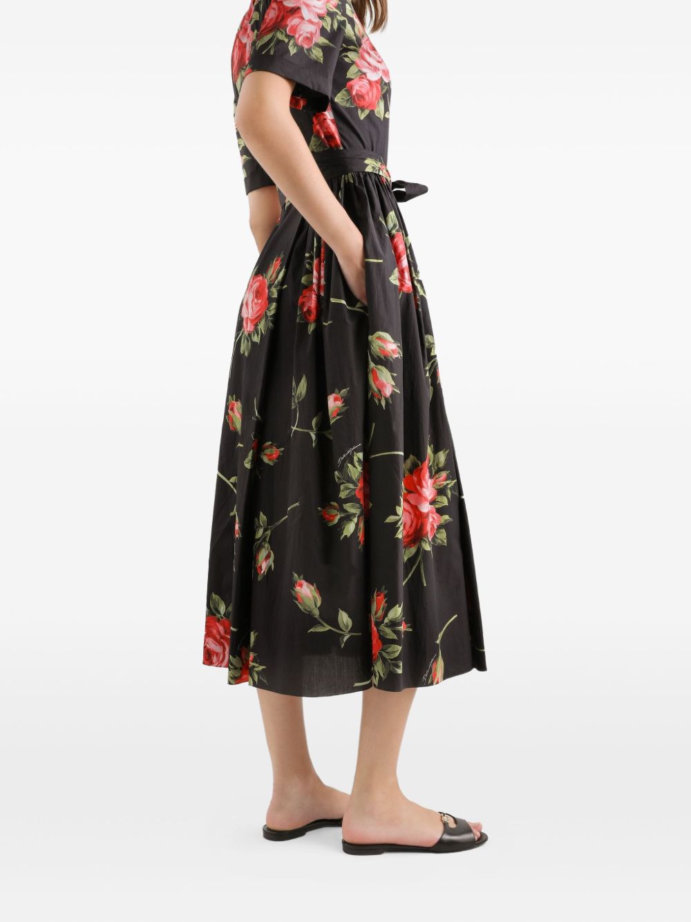 Dolce & Gabbana- floral-print belted midi dress in black cotton