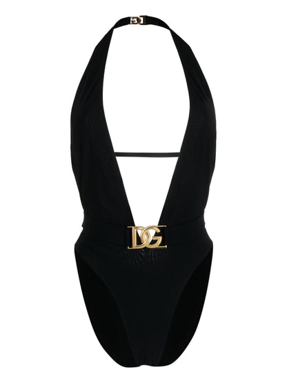 Dolce & Gabbana-black plunge-neck belted one-piece swimsuit