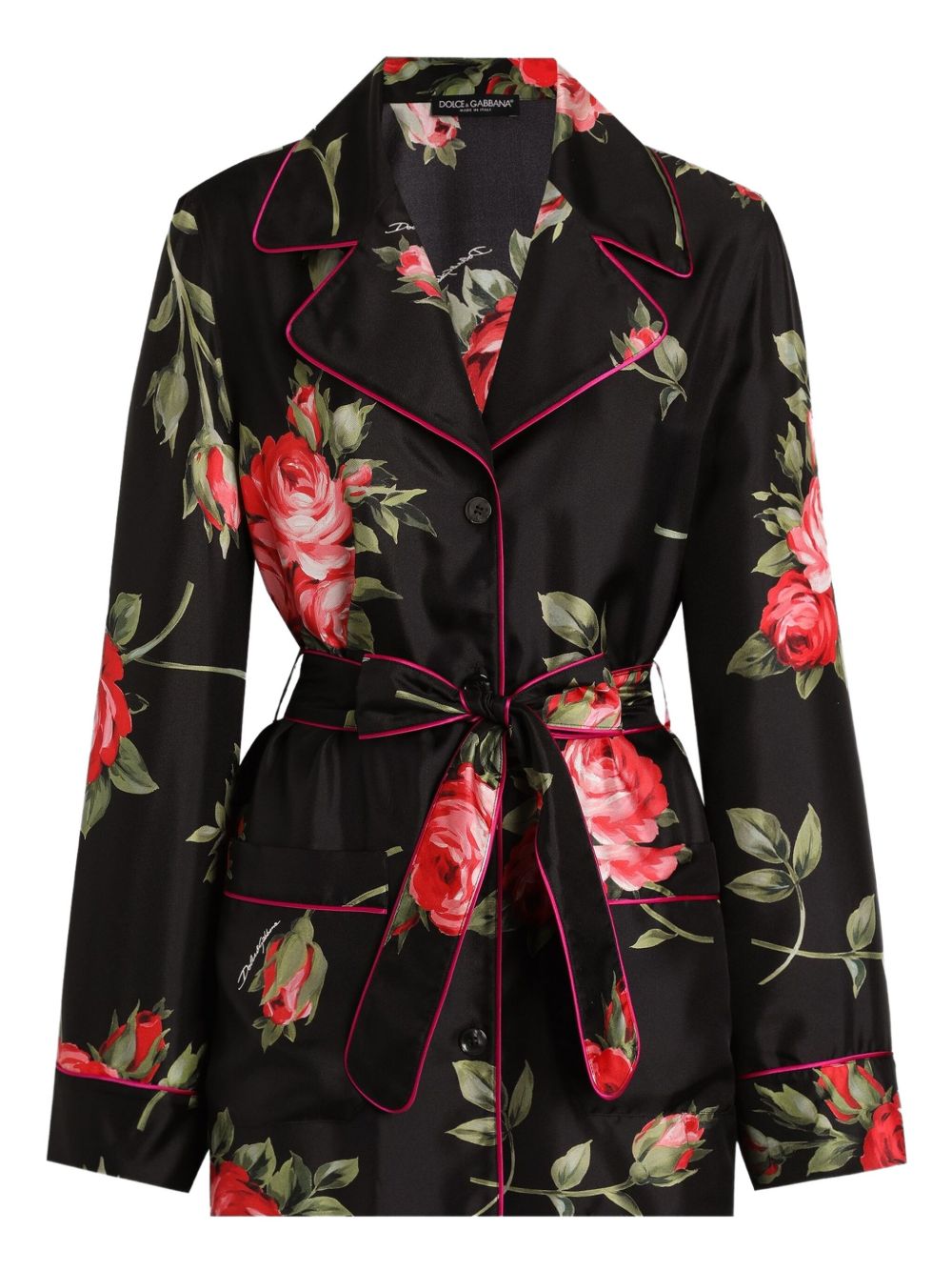 Dolce & Gabbana-black silk floral-print belted shirt