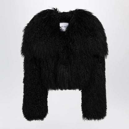 The Attico Cropped bomber jacket in black curly shearling