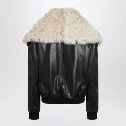 The Attico Black leather bomber jacket with shearling collar