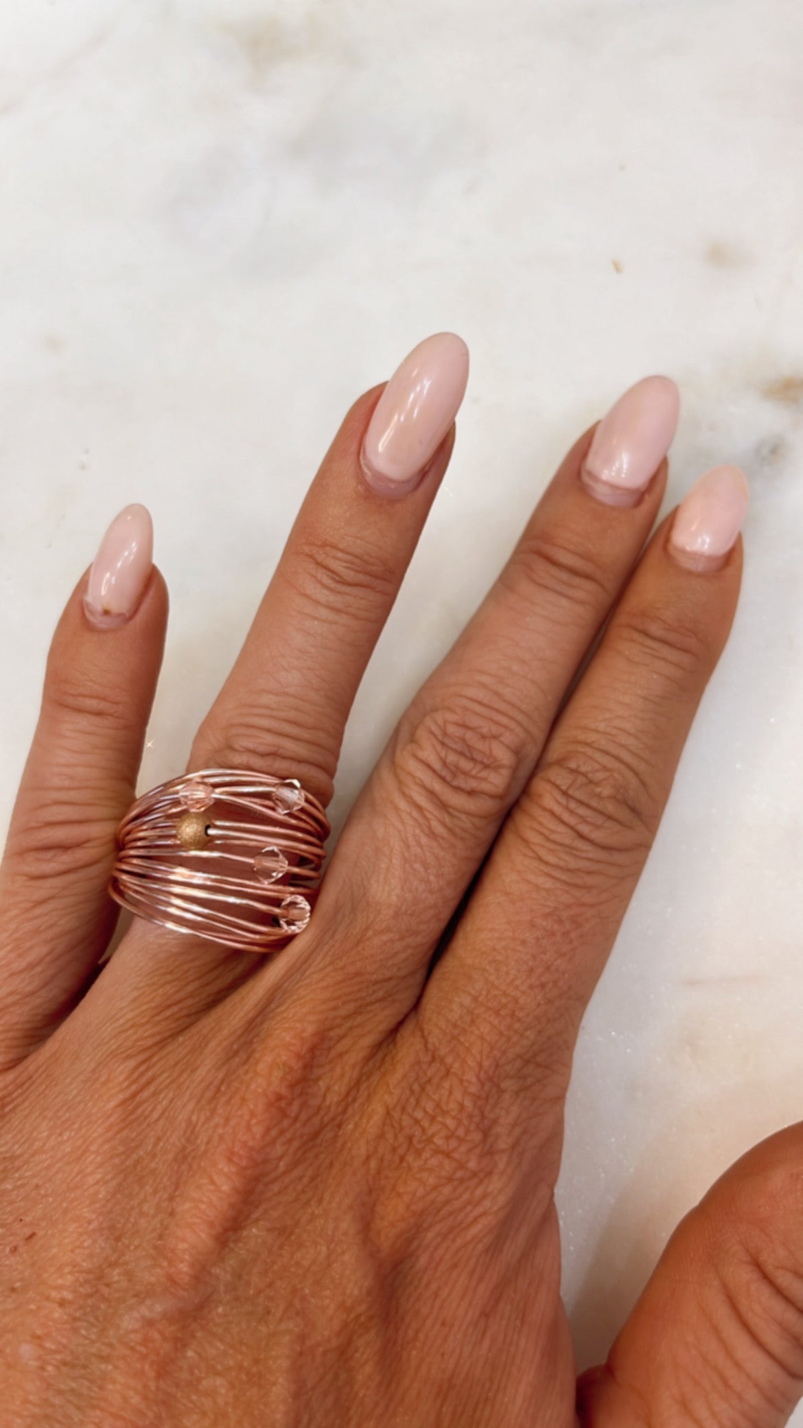 Marcia Rose Gold Wire Wrap Ring with Light Pink Swarovski Crystals