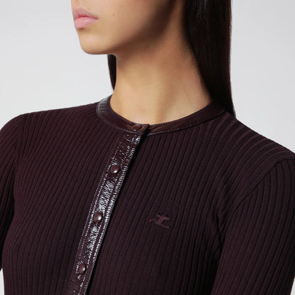 Courreges Courrèges Ribbed knit cardigan with vinyl trim in burgundy