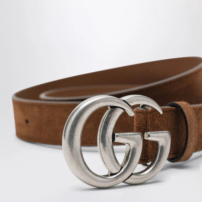 GUCCI Hazelnut suede belt with GG Marmont buckle