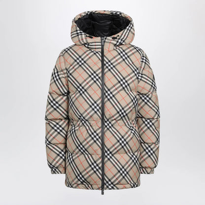 Burberry Hooded check nylon puffer jacket in sand