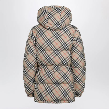 Burberry Hooded check nylon puffer jacket in sand