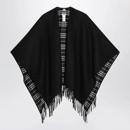 Burberry Reversible wool check cape with fringes in black