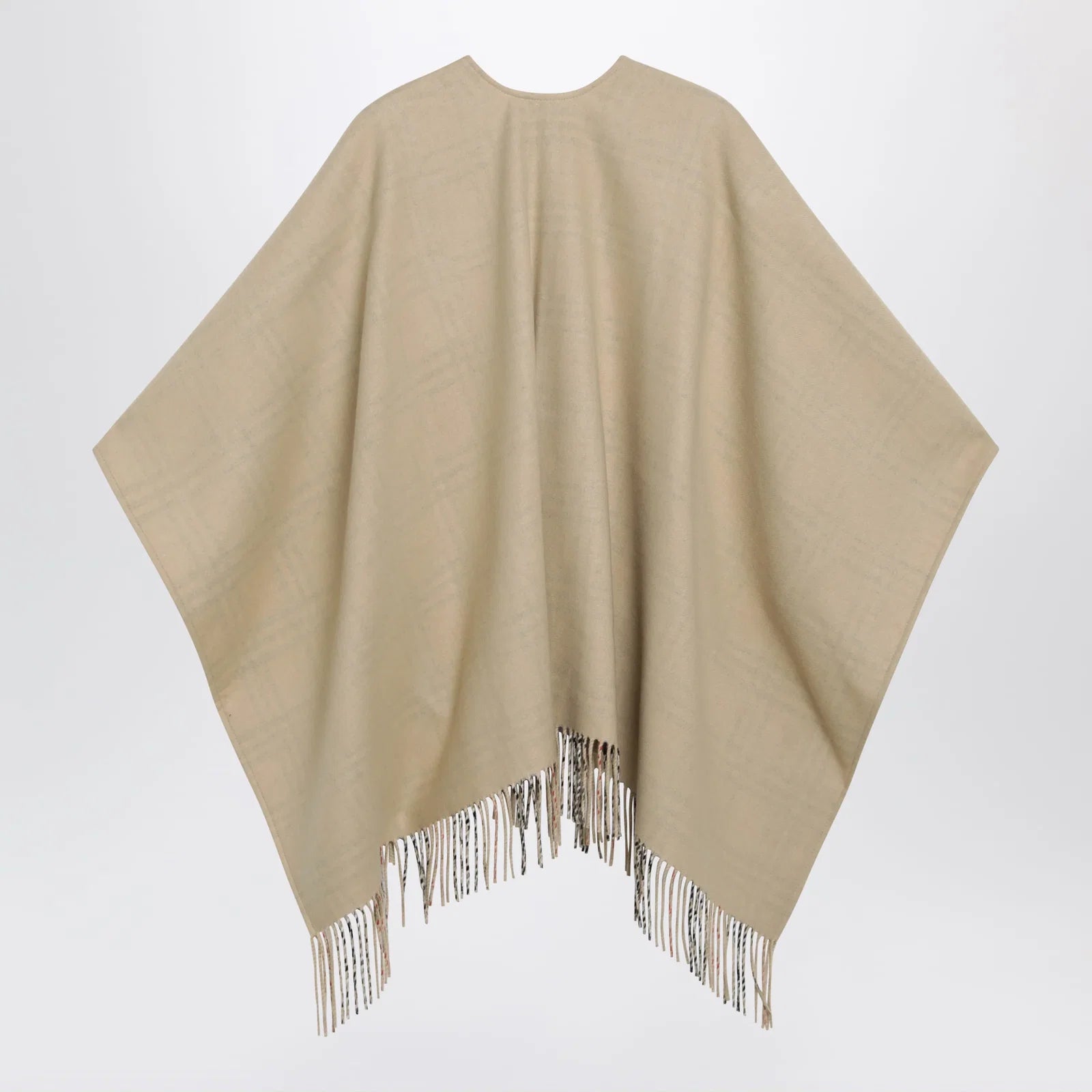 Burberry Reversible wool check cape with fringes in sand beige