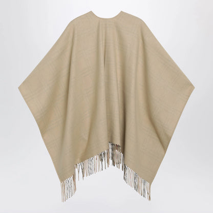 Burberry Reversible wool check cape with fringes in sand beige