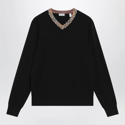 Burberry Black wool sweater with Check motif neckline