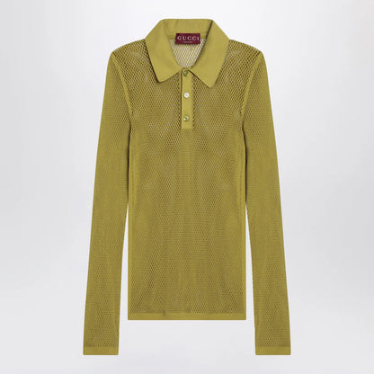 GUCCI Pistachio green perforated technical knit polo