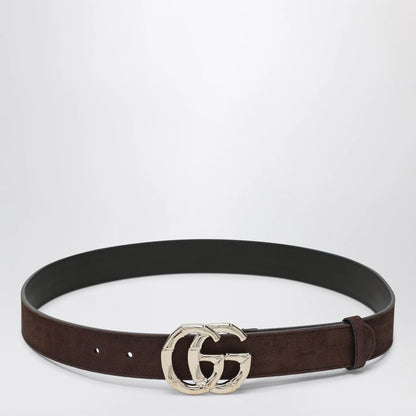 GUCCI Brown suede belt with bamboo GG Marmont buckle
