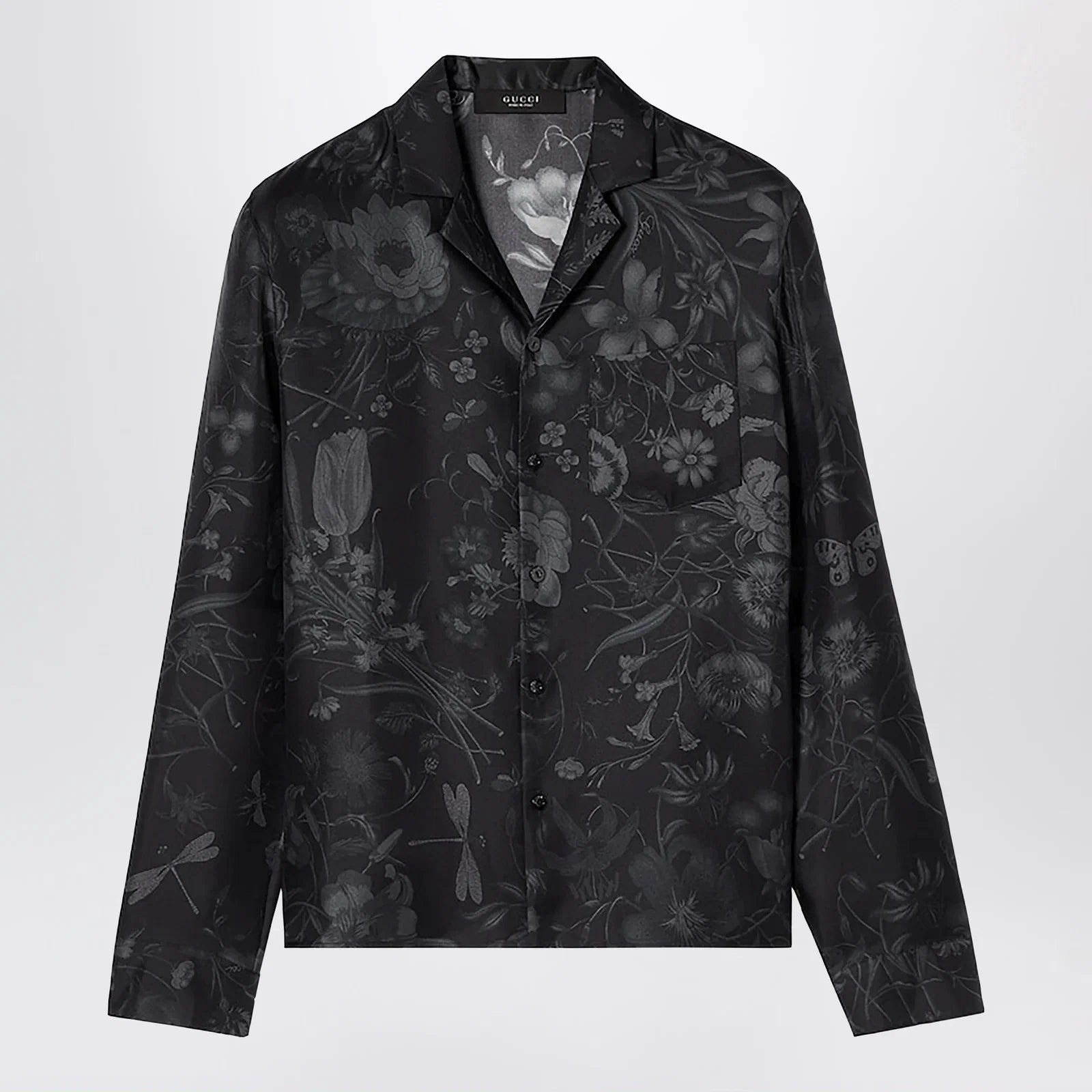 GUCCI Black silk twill bowling shirt with print