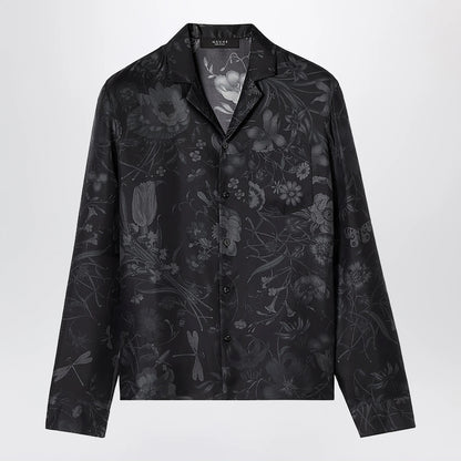 GUCCI Black silk twill bowling shirt with print