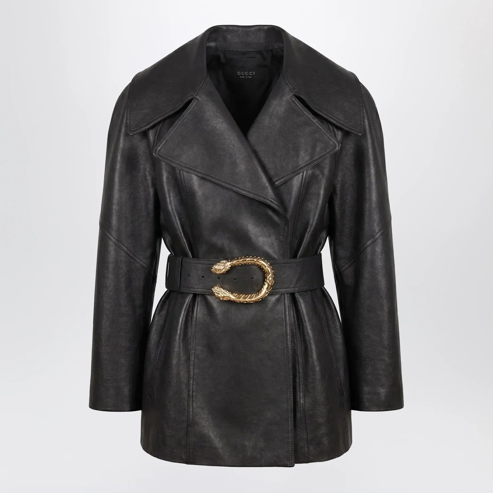 GUCCI Black leather jacket with Dionysus belt