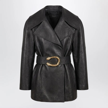 GUCCI Black leather jacket with Dionysus belt