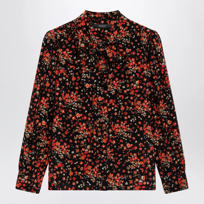 GUCCI Printed silk shirt with bow in black/red
