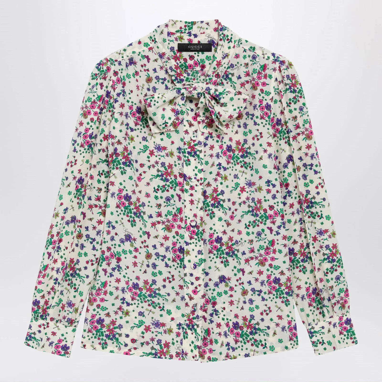 GUCCI Printed silk shirt with bow in ivory/pink