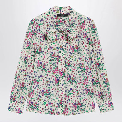 GUCCI Printed silk shirt with bow in ivory/pink