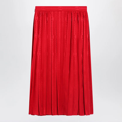 GUCCI Pleated silk jacquard midi skirt with GG chain in Fire