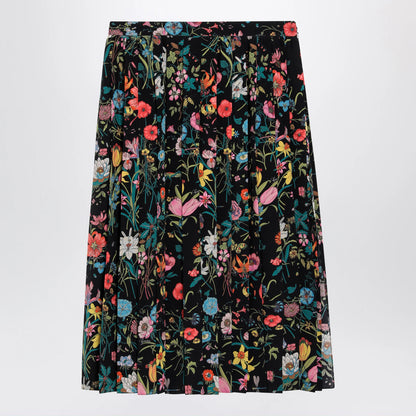 GUCCI Pleated midi silk skirt with Flora print in black