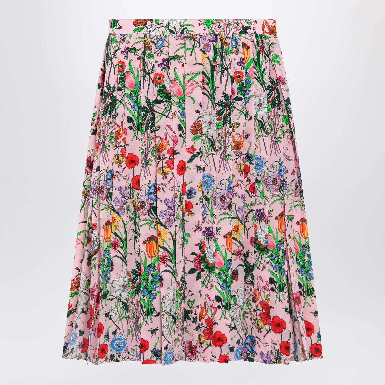 GUCCI Flora-print pleated silk midi skirt in pink